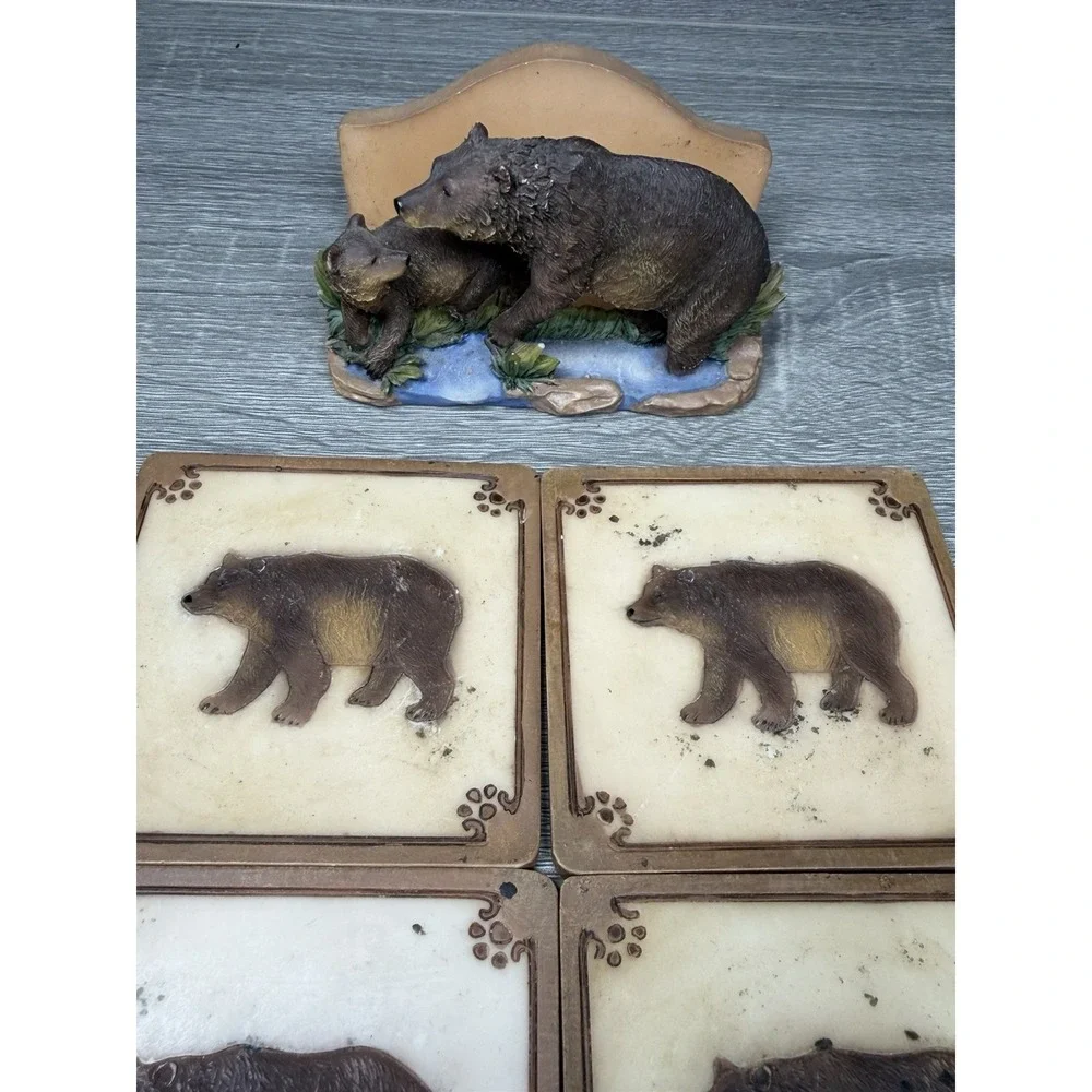 Rustic Bear Family Coaster Set Holder Cabin Lodge Wildlife Decor Outdoorsy